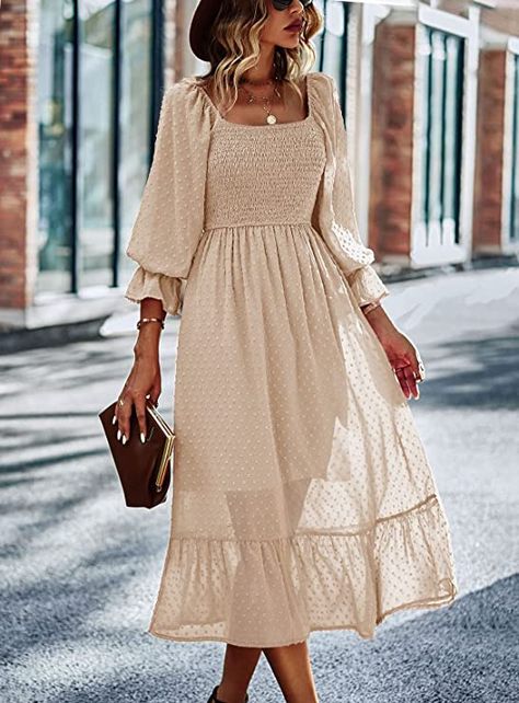 Long Wrap Dress, Streetwear Dress, Fall Maxi, Maxi Dresses Fall, Solid Color Dress, Tiered Midi Dress, Crewneck Dress, Long Puff Sleeves, Mid Length Dresses