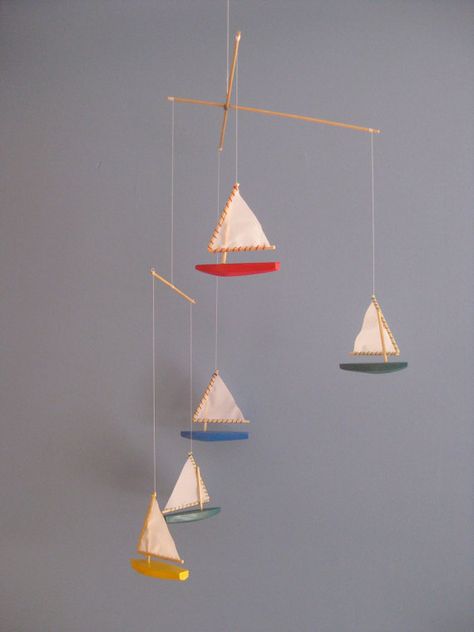 Handmade Wooden Sunfish Sailboat Mobile - etsy Sailboat Mobile, Sunfish Sailboat, Nautical Decor Bedroom, Boy Mobile, Wooden Sailboat, Big Kids Room, Boy’s Room, Diy Mobile, Baby Themes