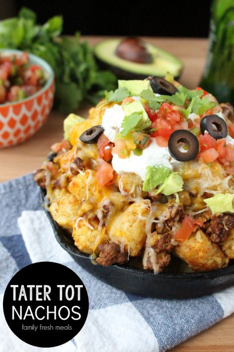 Tater Tot Nachos Tot Nachos, Tater Tot Nachos, Fresh Meals, Family Fresh Meals, Taco Casserole, Nachos Recipe, Taco Salad, Iron Skillet, Cast Iron Skillet