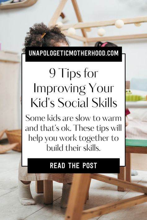 In this post, you are going to learn 9 ways your can work with your child to improve their social skills. Learn how to work with shy or slow to warm kids so they feel more prepared in social settings and don't get left behind. Head to the blog to learn more. | social skills | socialization skills | kid | preschooler | toddler | elementary school kid | parenting tips | Different Parenting Styles, Shy Kids, Social Skills For Kids, Social Skills Activities, How To Teach Kids, Kids Talking, Child Psychology, Parenting Toddlers, Video Ideas