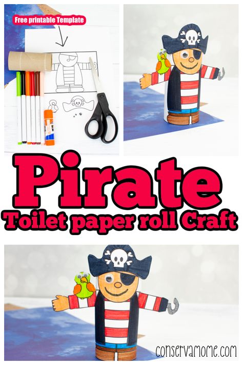 Ahoy!  Ready for some fun with this Pirate Toilet Paper roll craft? This fun Pirate themed craft for kids is ready to bring you a fun time along with his trusty parrot side kick. Best of all it includes a free printable template! Pirate Craft, Toilet Paper Roll Craft, Roll Craft, Pirate Crafts, Toilet Roll Craft, Side Kick, Pirate Art, Magic Treehouse, Spring Kids