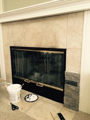 Condo Fireplace Makeover, Redoing Tile Fireplace, Air Stone Fireplace, Update Corner Fireplace, Air Stone Fireplace Makeover, Redo Tile Fireplace, Airstone Fireplace Makeover, Paint Tile Around Fireplace, Metal Fireplace Makeover