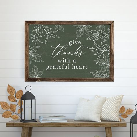 Give Thanks With A Grateful Heart | Wood Framed Sign | This sweet sign pairs perfectly with a crisp fall breeze, bonfires, apples, and cooler weather! • Choose your size • Professionally printed design on white hardboard with a solid wood frame • Waterproof and can be easily wiped down • Self leveling hardware attached on the back & ready to display! • Lightweight for easy hanging and rearranging. • Handmade in Lithia, Florida USA • We ship Worldwide Copyright © Mulberry Market Designs Inc. 2012 Signs For Fall, Happy Fall Sign, Thanksgiving Chalkboard, Vine Ideas, Thankful Sign, True Vine, Thanksgiving Signs, Heart Wood, Fall Wall Decor