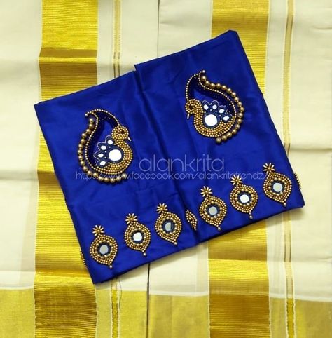 Bead Work On Blouse, Blue Mirror Work Blouse, Mirror Work Saree Blouse, Peacock Blouse Designs, Mirror Blouse Design, Work On Blouse, Ikat Blouse Designs, Pink Blouse Designs, Work Blouse Designs