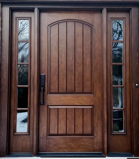 French Country Front Door Entrance, Large Wood Front Door, Solid Wood Exterior Door, Solid Front Door With Sidelights, Wood Door Exterior, Wooden Exterior Doors, Oversized Front Door, Craftsman Style Front Doors, Unique Front Door