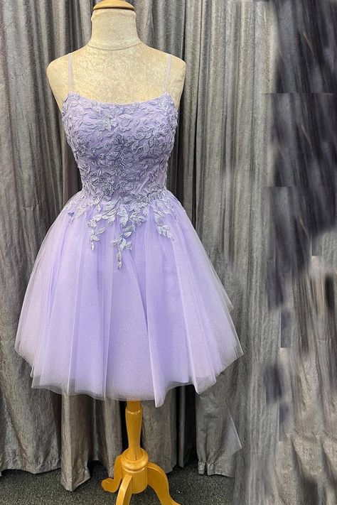 Princess Lavender Appliques Short A-line Homecoming Dress Lilac Homecoming Dress, Vestido Color Lila, Purple Dress Short, Purple Prom Dress Short, Purple Short Dress, Confirmation Dresses, Quinceanera Themes Dresses, Light Purple Dress, Dama Dresses