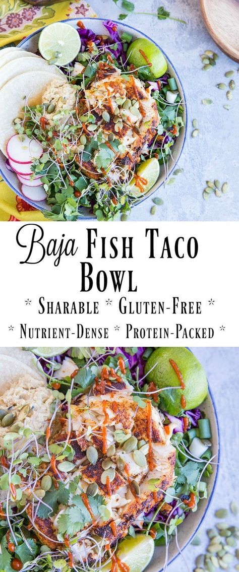 Fish Bowl Recipe, Fish Taco Bowl, Halibut Tacos, Baja Fish Tacos, Halibut Recipes, Taco Bowl, Healthy Bowls Recipes, Avocado Crema, Fish Taco