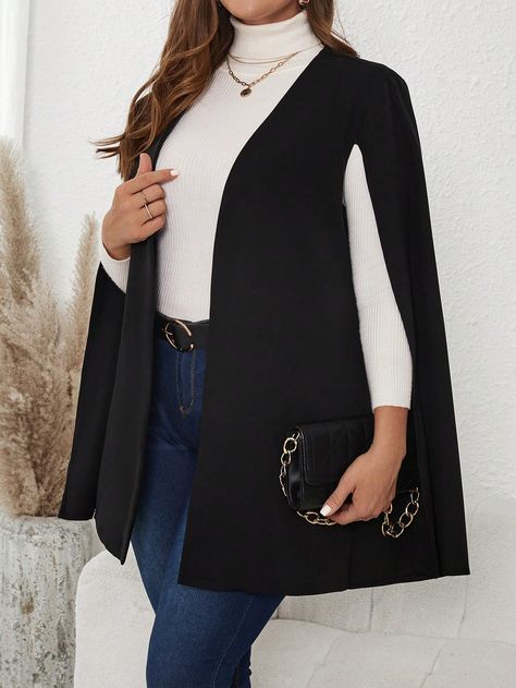 Black Casual,Elegant Collar  Woven Fabric Plain Cape Embellished Non-Stretch  Women Plus Clothing White Bodysuit Outfit, Txt Concert, Plus Size Blazers, Blazer Plus Size, Blazer Pattern, Plus Size Blazer, Knitted Cape, Lightweight Blazer, Body Suit Outfits