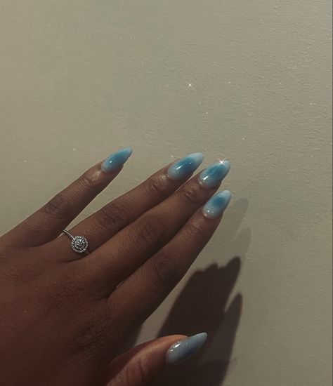 Glacier Blue Nails, Nails To Go With Light Blue Dress, Light Blue Pearl Nails, Light Blue Aura Nails, Blue French Tip Nails Almond, Clear Blue Nails, Light Blue And White Nails, Blue Pearl Nails, Aura Nails Blue