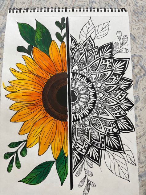 Mandala With Sunflower, Sunflower Creative Ideas, Mandala Art Sunflower, Mandala Unique Design, Sketching Sunflowers, Nature Mandala Drawing, Flower Mandala Sketch, Sunflower Mandala Drawing, Drawing Of Sunflower