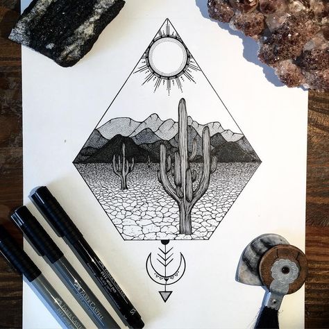 Western Sky Tattoo, Western Procreate Art, Desert Scene Tattoo, Desert Tattoos, Distance Tattoos, Az Tattoo, Circuit Stickers, Desert Tattoo, Arizona Tattoo