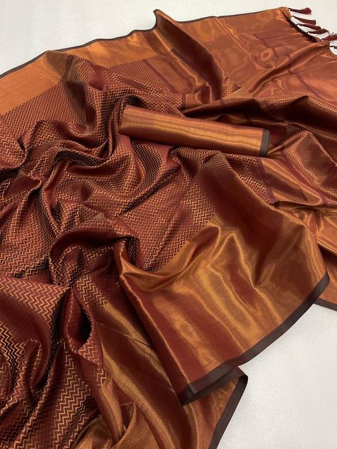 Copper Colour Saree, Copper Saree, Brocade Saree, Saree And Blouse, Brocade Blouse, Jacquard Blouse, Saree Designer, Brocade Blouses, Blue Theme