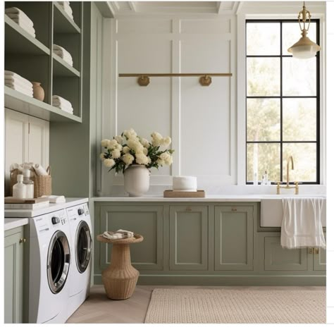 Farmhouse Laundry Rooms, Luxury Modern Farmhouse, Modern Farmhouse Laundry, Modern Farmhouse Laundry Room, Laundry Room Paint Color, Laundry Room/mudroom, Green Laundry, Laundry Room Closet, Farmhouse Laundry