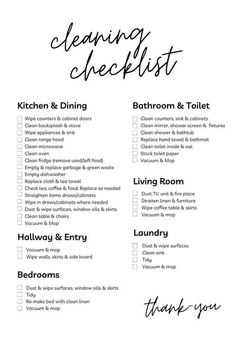 Digital Cleaning Checklist Printable Download For guest house, AirBnb, cleaner, Cleaning Checklist By Room, Clean House For Guests, House Cleaner Checklist, Airbnb Cleaning Checklist, Deep Cleaning House Checklist, Kitchen Essentials List, Deep Cleaning House, Cleaning Checklist Printable, Deep Cleaning Checklist