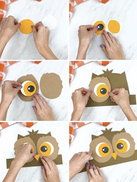 Cardboard Owls Diy, Eagle Door Decorations Classroom, Owl Headband Craft, Owl Headband, Paper Cup Crafts, Owl Craft, Tissue Paper Crafts, Headband Crafts, Paper Bag Puppets