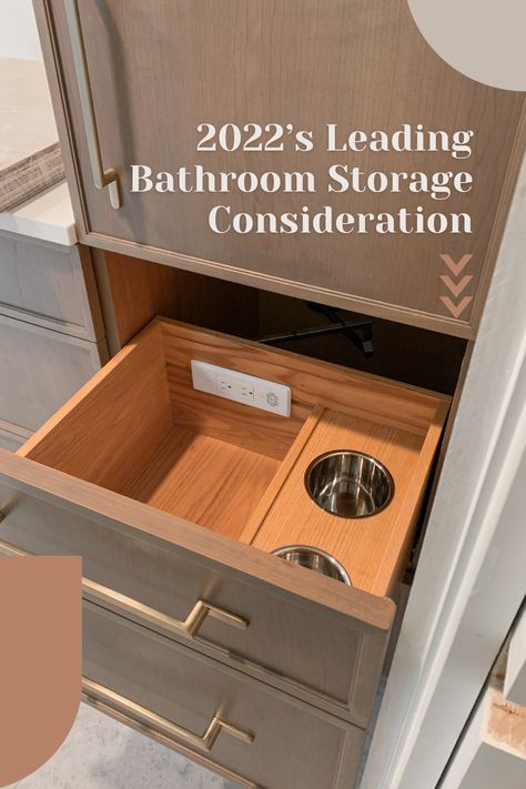 Bathroom Must Haves When Building, Hair Dryer Drawer Storage, Bathroom Vanity Designs With Storage, Blow Dryer Drawer, Hairdryer Drawer, Bathroom Docking Drawer, Drawer Outlet Bathroom, Bathroom Drawer With Electrical Outlet, Vanity Storage Organization