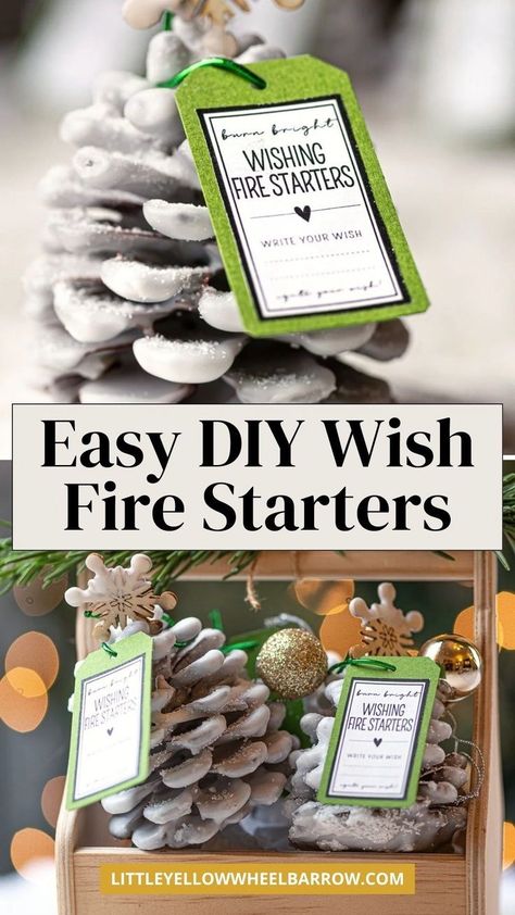 The best DIY homemade wish fire starters! Make these pinecone fire starters for the holidays or just because! These DIY Wish Fire starters aren’t just practical and pretty—they add a bit of holiday wonder to every fire. Perfect for families, kids, and anyone who loves a bit of seasonal magic, these make thoughtful, sustainable gifts that bring a unique touch to the holidays. Made with pine cones, epsom salt, non toxic wax, twine, and cotton cording. How to make easy fire starters at home. Wax Dipped Pine Cones Fire Starters, Christmas Fire Starters Diy, Fire Starter Gift Tags, Diy Pinecone Fire Starters, Christmas Gifts Homemade For Family, Diy Fire Starters Camping, How To Make Fire Starters, Pinecone Gifts, Diy Fire Starters Homemade