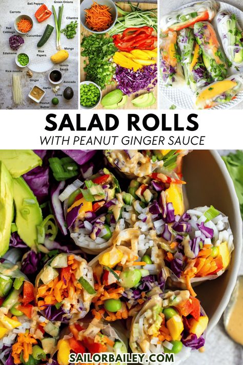 Salad rolls, also known as spring rolls are the perfect light snack or lunch. Stuffed with fresh crunchy veggies and rice noodles and a flavorful peanut ginger dipping sauce.  via @sailor_bailey Ginger Dipping Sauce, Veggies And Rice, Salad Rolls, Ginger Sauce, Light Lunch, Peanut Sauce, Spring Rolls, Dipping Sauce, Side Dish