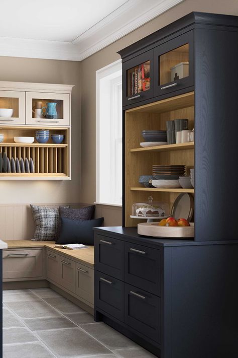 Make a statement with tall kitchen dresser. Our kitchen dresser is perfect for modern and classic kitchens with the luxurious painted finish. The dresser is filled with drawers and open shelving to assist with your kitchen organisation needs. Pictured: Painted shaker kitchen in Oxford Blue and Farringdon Grey with Portland Oak cabinets Modern Kitchen Dresser, Dining Room Dresser, Kitchen Furniture Storage, Kitchen Dresser, Kitchen Showroom, Kitchen Sideboard, Unique Kitchen, Trendy Kitchen, Kitchen Fittings