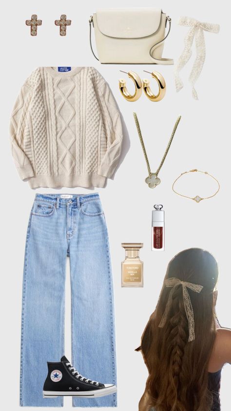 sweater, rory gilmore, gilmore girls, bow, ribbon, hairstyle, converse, dior, tom ford, jewelery, vanilla, vanilla girl, kate spade, beige outfit, cream, neutrals, gold, gold jewelry, cross, van cleef, gold van cleef, basic outfit, jean outfit, teen outfit, downtown girl, vanilla, necklace Gold Van Cleef, Outfit Cream, Outfit Jean, New Years Eve Outfit, Jean Outfit, Jewelry Cross, Beige Outfit, Ribbon Hairstyle, Eve Outfit