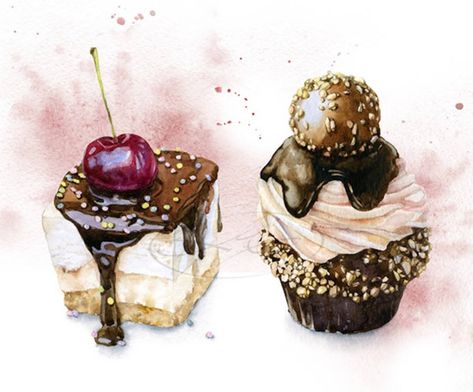 Cupcake Watercolor, Food Watercolor, Desserts Drawing, Dessert Illustration, Food Sketch, Cupcake Art, Watercolor Food, Pastry Art, Food Painting