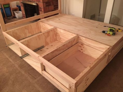 King Size Bed Frame Diy, Diy Storage Bed, Bed Frame Plans, Storage Bed Queen, Platform Bed With Drawers, Diy Platform Bed, Bed Frame With Drawers, Bed Frame Design, Diy Bed Frame