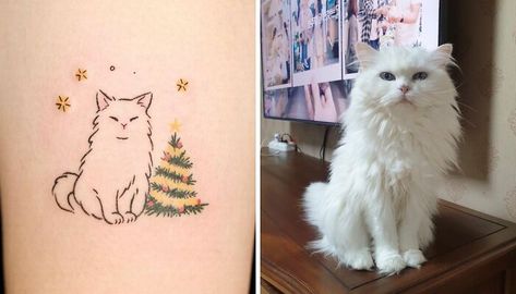 Little Tree And Fluffy Cat Fluffy Cat Outline Tattoo, Christmas Cat Tattoo, Fluffy Cat Tattoo, Cat Outline Tattoo, Poodle Tattoo, Corgi Tattoo, Parrot Tattoo, Pet Tattoos, Pig Tattoo