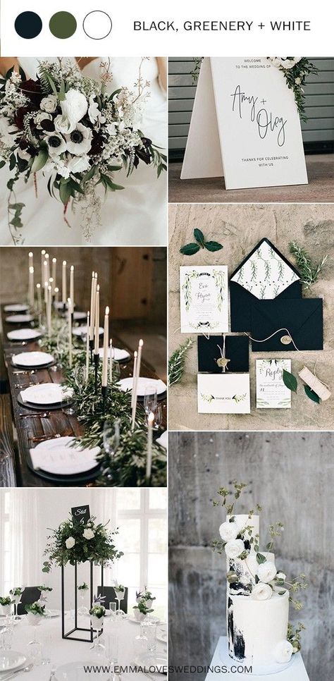 This super simple winter wedding color palette really makes a statement - perfect for the minimalist bride! Black, white and greenery come together for a timeless look in this wedding color scheme.   #winterwedding #weddingcolors #weddingpalette #weddingcolorpalette #colorscheme #colorpalette #weddingideas #DIYweddingideas #DIYwedding #weddingdecor #DIYweddingdecor #winterweddinginspiration #winterweddingideas #winterweddingdecor Black And White Wedding With Greenery Color Schemes, Wedding Colors Green And White, Black White Forest Green Wedding, Black White And Green Wedding Reception, October 2024 Wedding, Forest Green Black And White Wedding, Black White Sage Green Wedding, Black White And Grey Wedding Ideas, Black And White Farm Wedding