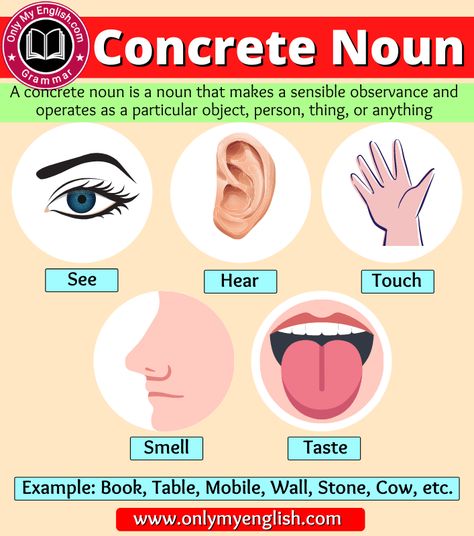 Concrete Noun: Definition, Examples, Sentence & List Noun Grammar, Nouns Grammar, Five Senses Preschool, Concrete Nouns, Types Of Nouns, Noun Definition, Senses Preschool, Abstract Nouns, Nouns Worksheet