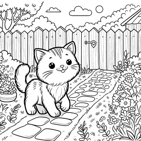 51. A cat walking on a garden path. Free printable cat coloring page with PDF. Cat Coloring Pages Free Printable, Free Cat Coloring Pages, Pictures Of Kittens, Sun Crafts, Cat Coloring Pages, Cat Walking, Kids Colouring, Farm Animal Coloring Pages, Abstract Coloring Pages