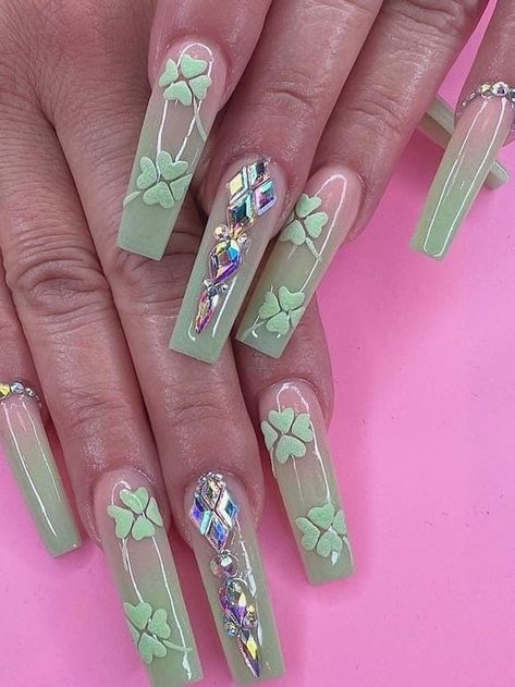 long acrylic mint ombre nails with shamrocks and gems San Patrick Nails, St Patricks Day Nails Acrylic Coffin, Shamrock Nails Design, St Patrick’s Nails, Saint Patrick’s Day Nails, St Patricks Day Nails Simple, March Nail Art, St Pattys Day Nails, St Patricks Nail Designs