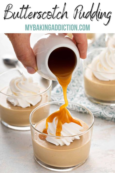 Rich and creamy with deep caramel notes, homemade butterscotch pudding is a little spoonful of comfort. This recipe is easy to make and tastes so much better than the store-bought stuff! Butterscotch Pudding Pie, Butterscotch Pudding Recipes, Current Recipes, Homemade Butterscotch, Butterscotch Recipes, Vanilla Pudding Recipes, Butterscotch Candy, Homemade Chocolate Pudding, Cake Mug