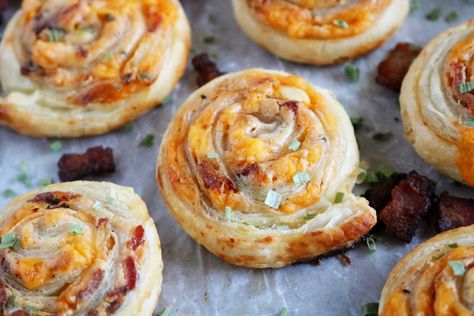 Puff Pastry Pinwheels with Bacon and Cheddar - The Anthony Kitchen Pinwheel Puff Pastry, Pastry Pinwheels, Puff Pastry Pinwheels, Savory Puff Pastry, Yummy Appetizers Parties, Crab Appetizer, Cheddar Cheese Recipes, Easter Food Appetizers, Puff Pastry Appetizers