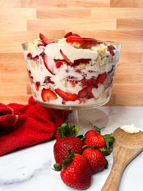 Strawberry Shortcake Trifle Cheesecake Strawberry Shortcake, Cheesecake Factory Copycat Strawberry Shortcake, Cheesecake Factory Strawberry Shortcake, Beach Desserts, Biscuit Bread Pudding, Sugared Strawberries, Shortcake Trifle, Cream Cheese Whipped Cream, Strawberry Shortcake Trifle