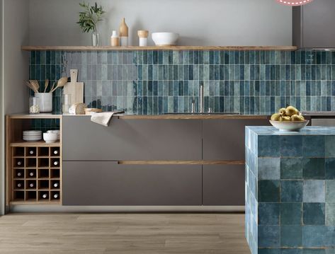 Blue Wall Tiles, Porcelain Superstore, Blue Kitchen Tiles, Blue Tile Wall, Grey Kitchen Floor, Dark Wood Kitchens, Dark Grey Kitchen, Teal Kitchen, Dream Laundry Room