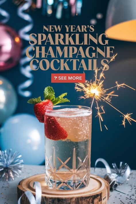 Sparkling champagne cocktail garnished with strawberries and mint, with a sparkler on top, surrounded by festive decorations. New Year Eve Cocktails Drinks, New Year’s Eve Drinks For Adults, New Year’s Cocktails, Easy New Years Drinks Cocktails, New Year’s Eve Alcoholic Punch, New Years Alcoholic Drinks, New Year’s Eve Drinks Alcohol, New Years Eve Drinks For Adults, New Years Cocktail Recipes