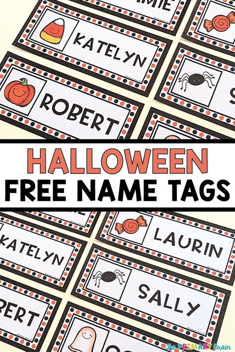 FREE Halloween name tags to decorate bulletin boards, student desks, and writing walls! Just print and go for some October Fall Flair in your classroom! Read more on my blog theprimarybrain.com #nametags #halloween #classroom Halloween Cubby Tags, Halloween Name Tags, Name Tag Ideas, Cubby Name Tags, Graduation Party Checklist, Cubby Labels, October Writing, Classroom Name Tags, Printable Halloween Tags