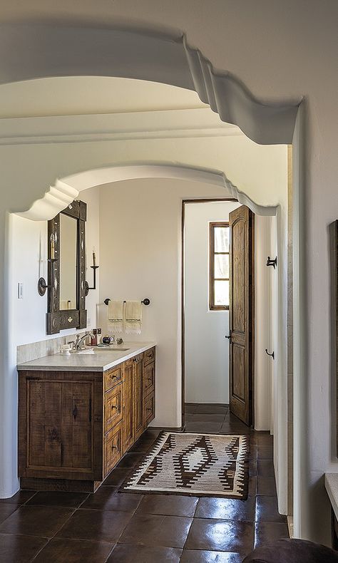 Modern Tuscan Bathroom, Spanish Bathroom Hacienda Style, Bathroom Forest, Hacienda Bathroom, Forest Ideas, Spanish Bathroom, Tuscan Bathroom, Modern Tuscan, Cowgirl Magazine