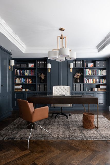 Craftsman Interior Design, Custom Home Office, Moody Office, Transitional Home Office, Urban Interior Design, Elegant Home Office, Craftsman Interior, Grey Interior Design, Office Library