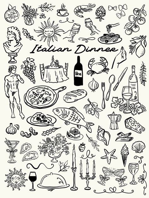 Italian Inspired Graphic Design, Pizza Oven Illustration, Food Doodles Aesthetic, Charcuterie Illustration, Italian Doodles, Dates Drawing, Dinner Doodle, Simple Illustration Design, Italian Food Illustration