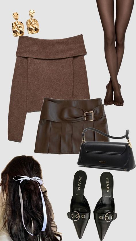 Cozy autumn outfit Prada Heels Outfit, Brown Mini Skirt Outfit, Sweater Dress Tights, Winter Mini Skirt, Winter Mini Skirts, Dress Tights, Prada Heels, Brown Mini Skirt, Cozy Fall Outfits