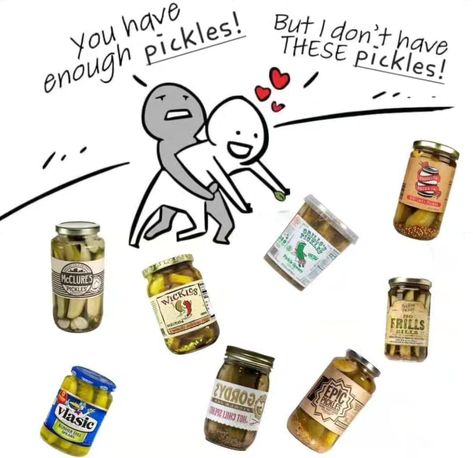 Pickle Jokes, Pickles Funny, Fried Pickles, Memes Hilarious, Funny Captions, Dill Pickle, Food Humor, Funny Cartoon, Spears