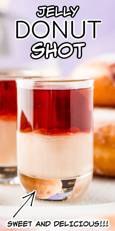 Jelly Donut Shots are a sweet and fun 2-ingredient cocktail made with Chambord and RumChata that’s perfect for brunch and other occasions! Shots With Chambord, Party Shots Alcohol Easy, Sweet Shots Alcohol, Breakfast Shots Alcohol With Bacon, Specialty Shots Recipe, Dive Bar Cocktails, Camping Shots Alcohol, Good Shots To Order, Brunch Shots Alcohol