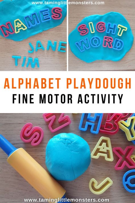 Alphabet Playdough - Fine Motor Activity for kids. A great way for toddlers and preschoolers to learn their ABC's. #literacy #finemotor #toddler #preschool Playdough Literacy Activities, Preschool Playdough, Playdough Letters, Sensory Story, Young Toddler Activities, Therapy Classroom, Playdough Activity, Fine Motor Play, Play Doh Activities