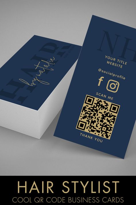 Introducing the "Cool QR Code Hair Stylist Cosmetology Professional Business Card" in a sophisticated navy blue and gold color scheme, designed for hair stylists, cosmetologists, and beauty professionals. These unique and stylish business cards feature a modern minimalist script, adding a touch of elegance to your professional image. Ideal for hair braiding, beauty salons, and hairdressers, these business cards cater to various hair-related professions. Code Hair, Hair Salon Design, Stylish Business Cards, Gold Business Card, Professional Business Card, Navy Blue And Gold, Gold Color Scheme, Beauty Salons, Hair Braiding