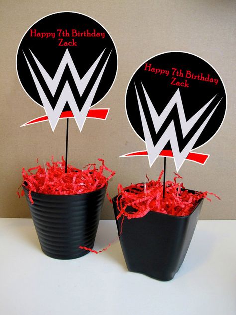 WWE Wrestlers Centerpiece WWE Smackdown by GiggleBeanParties Wwe Party Ideas, Diy Wwe, Wwe Birthday Party Ideas, Wrestling Birthday Parties, Wrestling Birthday, Wrestling Party, Wwe Birthday Party, Wwe Party, Wwe Birthday