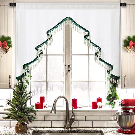 PRICES MAY VARY. -- BOHO CHRISTMAS KITCHEN DECOR -- Introducing Estmy Christmas tree Kitchen Curtain —a delightful and festive addition that brings the spirit of the holiday season into your kitchen. This boho Xmas tier curtain effortlessly combines holiday cheer, classic elegance, and practicality, making it an essential element of your Christmas decor. -- CUTE FESTIVAL KITCHEN CURTAIN FOR MULTIPLE PLACES USE -- Small holiday window Curtains suit most of the places and you can use them as tiers Xmas Curtains Decorating Ideas, Christmas Kitchen Curtain Ideas, Vintage Curtains Kitchen, Office Christmas Window Decor, Upper Cabinets Christmas Decor, Tall Ceiling Christmas Decor, Diy Christmas Shower Curtain, Christmas Small Bedroom Decor, Christmas Decor Over Windows