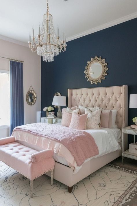 Navy pink and gold bedroom