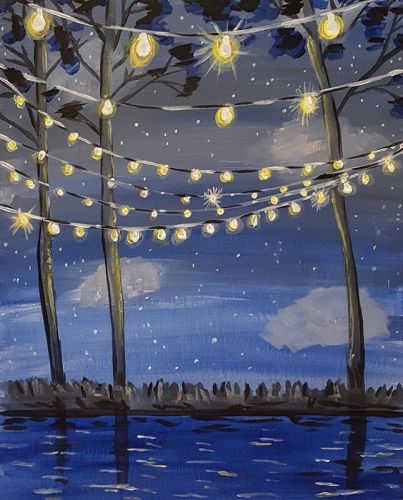 Floating Lights Painting, Macaroni Grill, Happy Daisy, Daisy Art, Lawn Art, Sip N Paint, Paint Nite, Scenery Paintings, Garden Lights