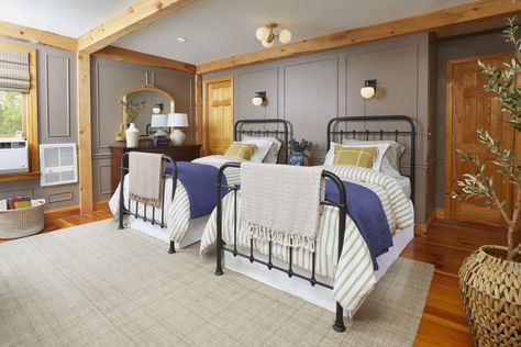 Twin bedroom in the Berkshires Makeover Farmhouse Details, Kitchen Color Palettes, Cozy Rooms, The Berkshires, Bright Decor, Twin Bedroom, Home Makeover, Bedroom Photos, Timeless Decor